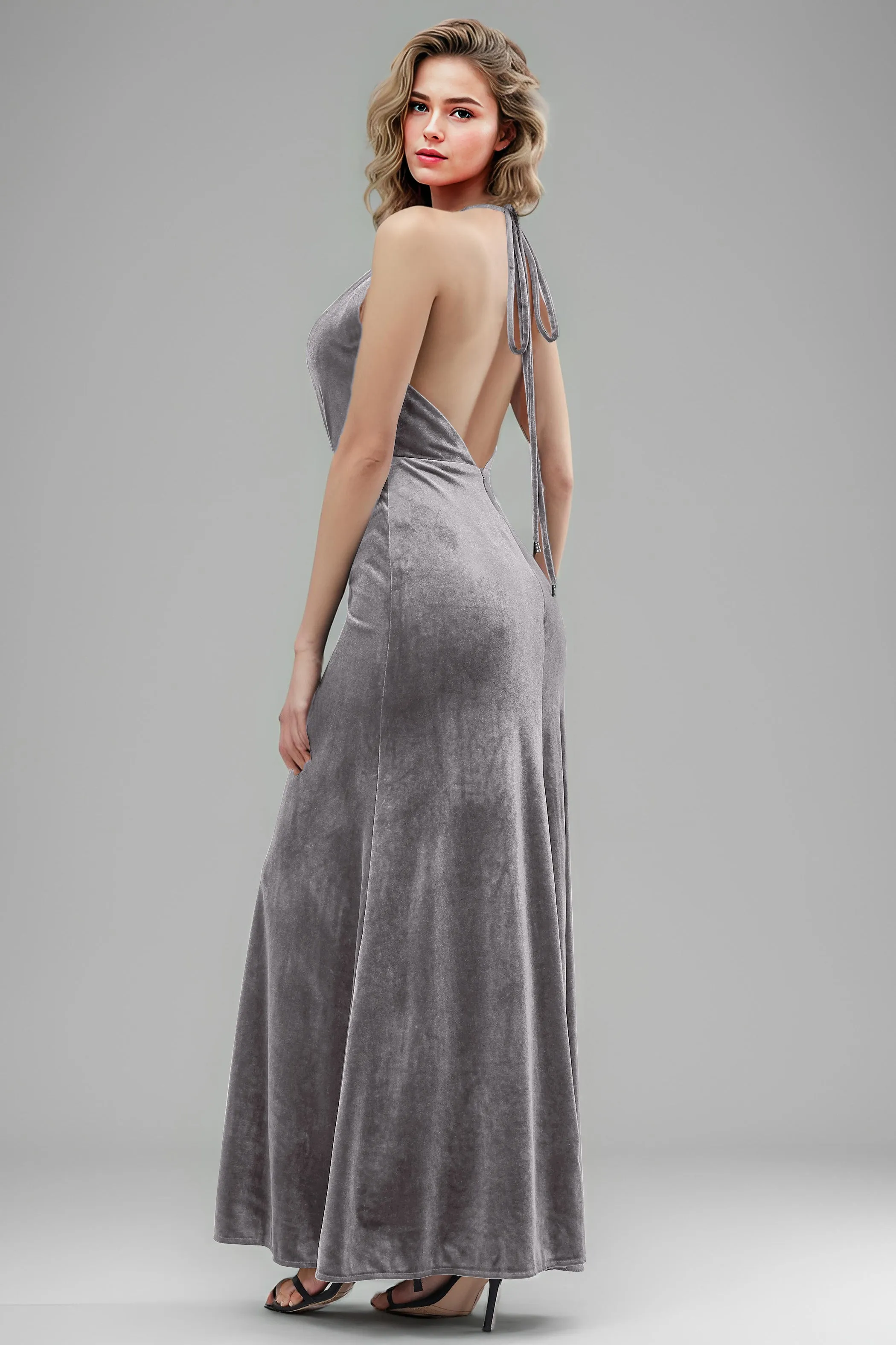 Halter Velvet Sleeveless Backless Long Bridesmaid Dresses
