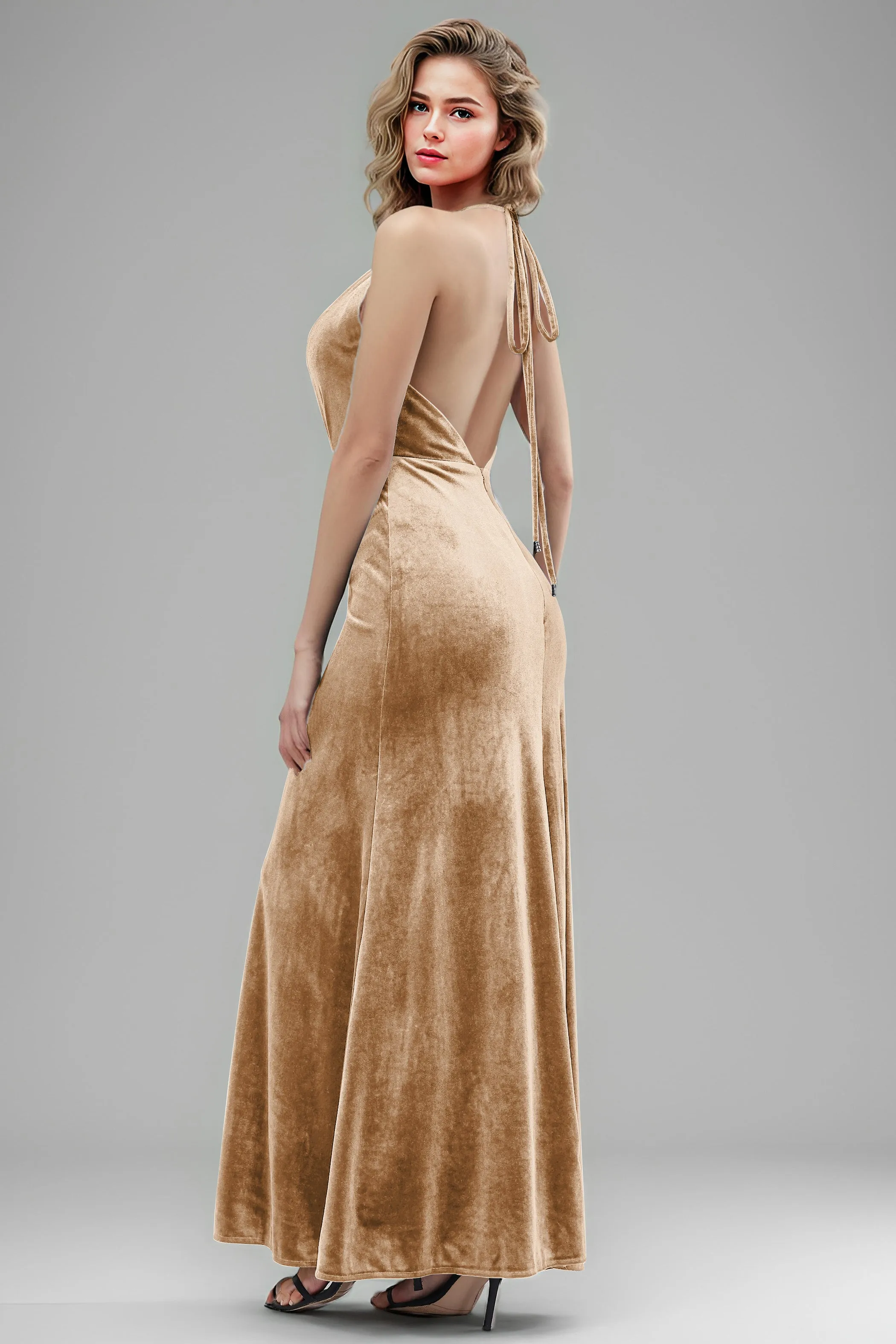 Halter Velvet Sleeveless Backless Long Bridesmaid Dresses