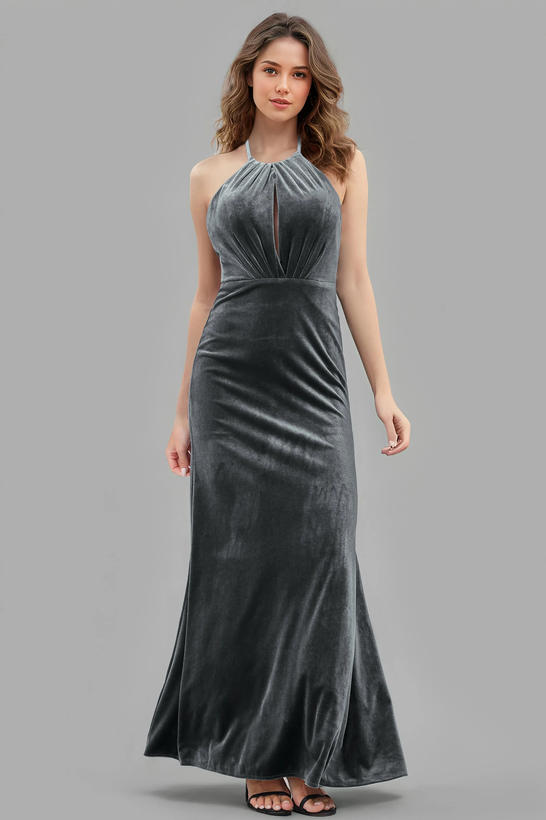 Halter Velvet Sleeveless Backless Long Bridesmaid Dresses