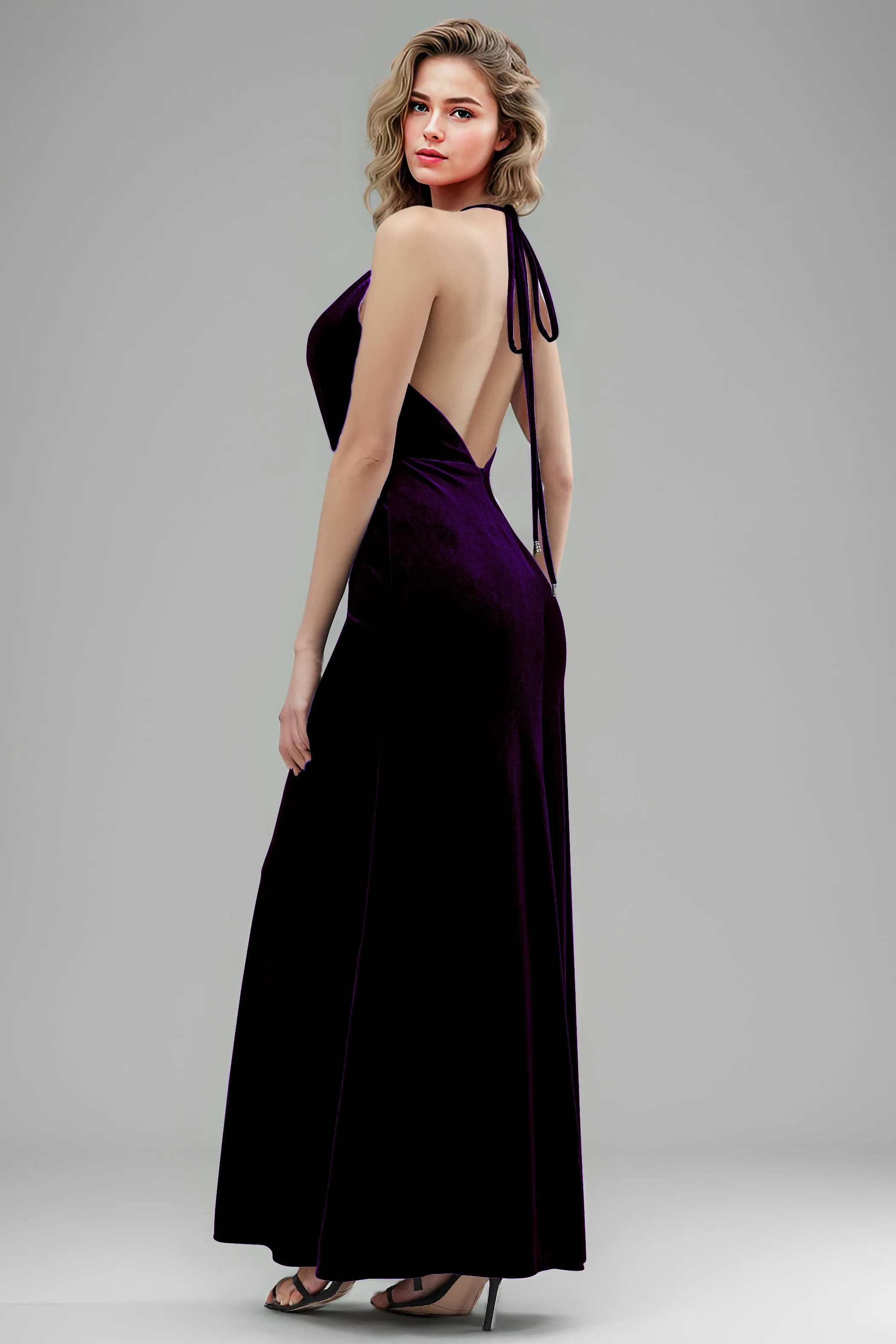 Halter Velvet Sleeveless Backless Long Bridesmaid Dresses