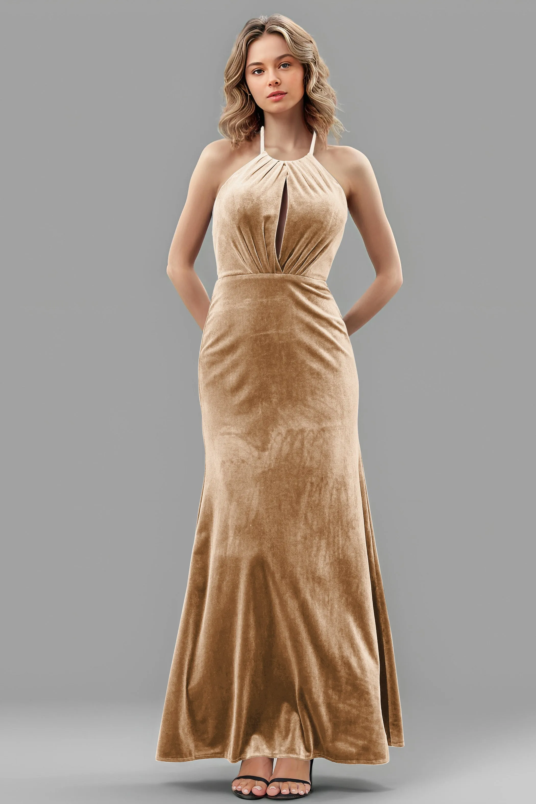 Halter Velvet Sleeveless Backless Long Bridesmaid Dresses