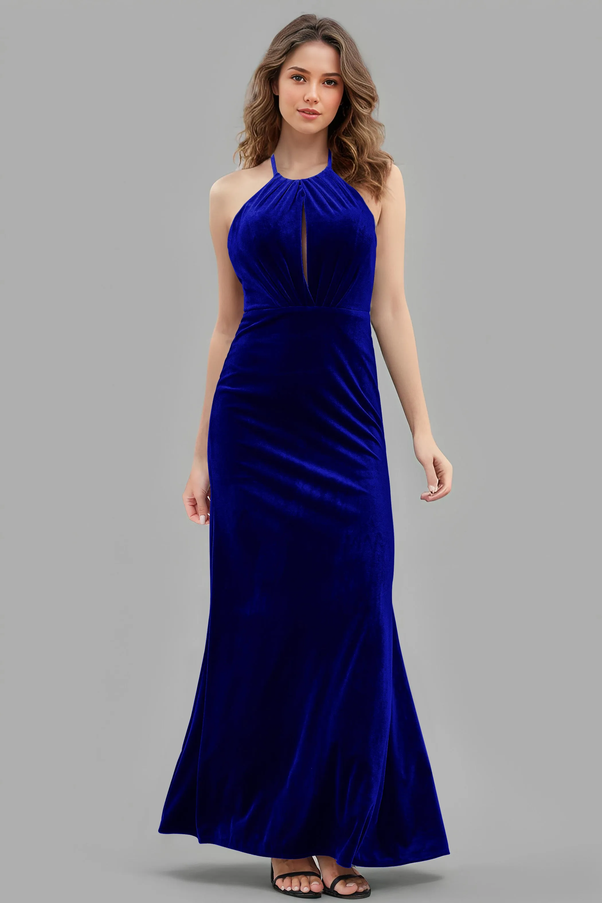 Halter Velvet Sleeveless Backless Long Bridesmaid Dresses
