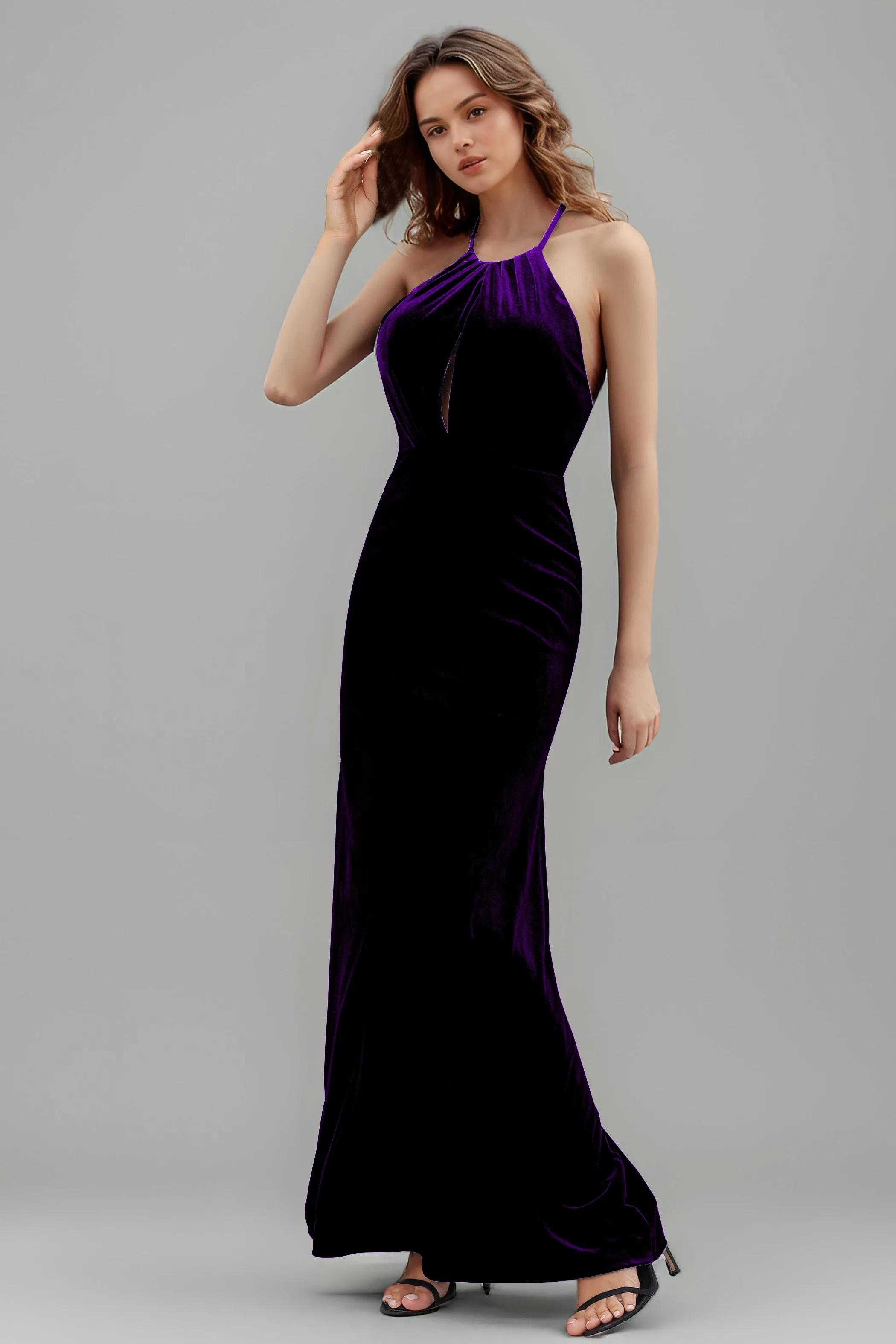 Halter Velvet Sleeveless Backless Long Bridesmaid Dresses