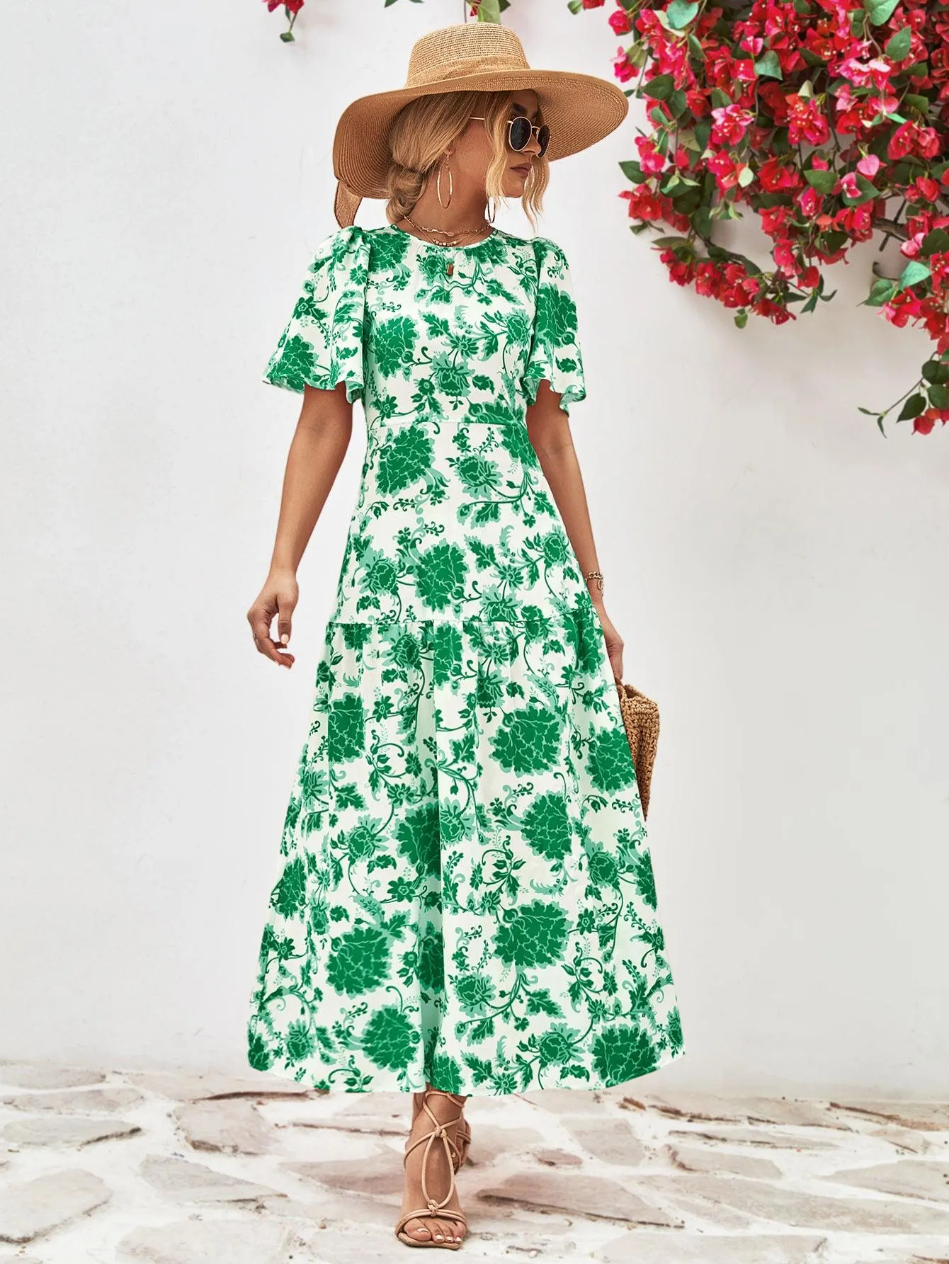 Hazel Blues® |  Floral Round Neck Tied Open Back Dress