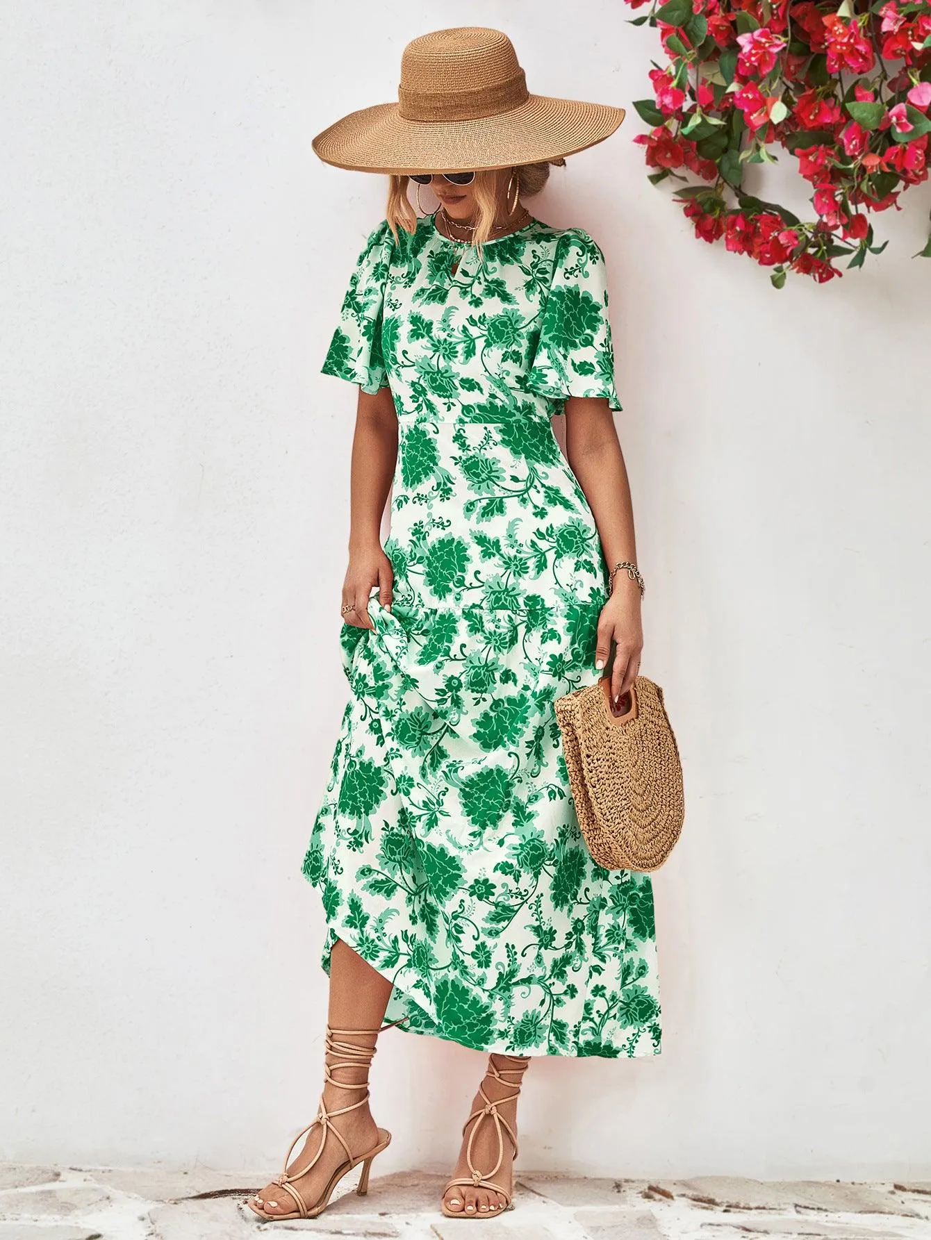 Hazel Blues® |  Floral Round Neck Tied Open Back Dress