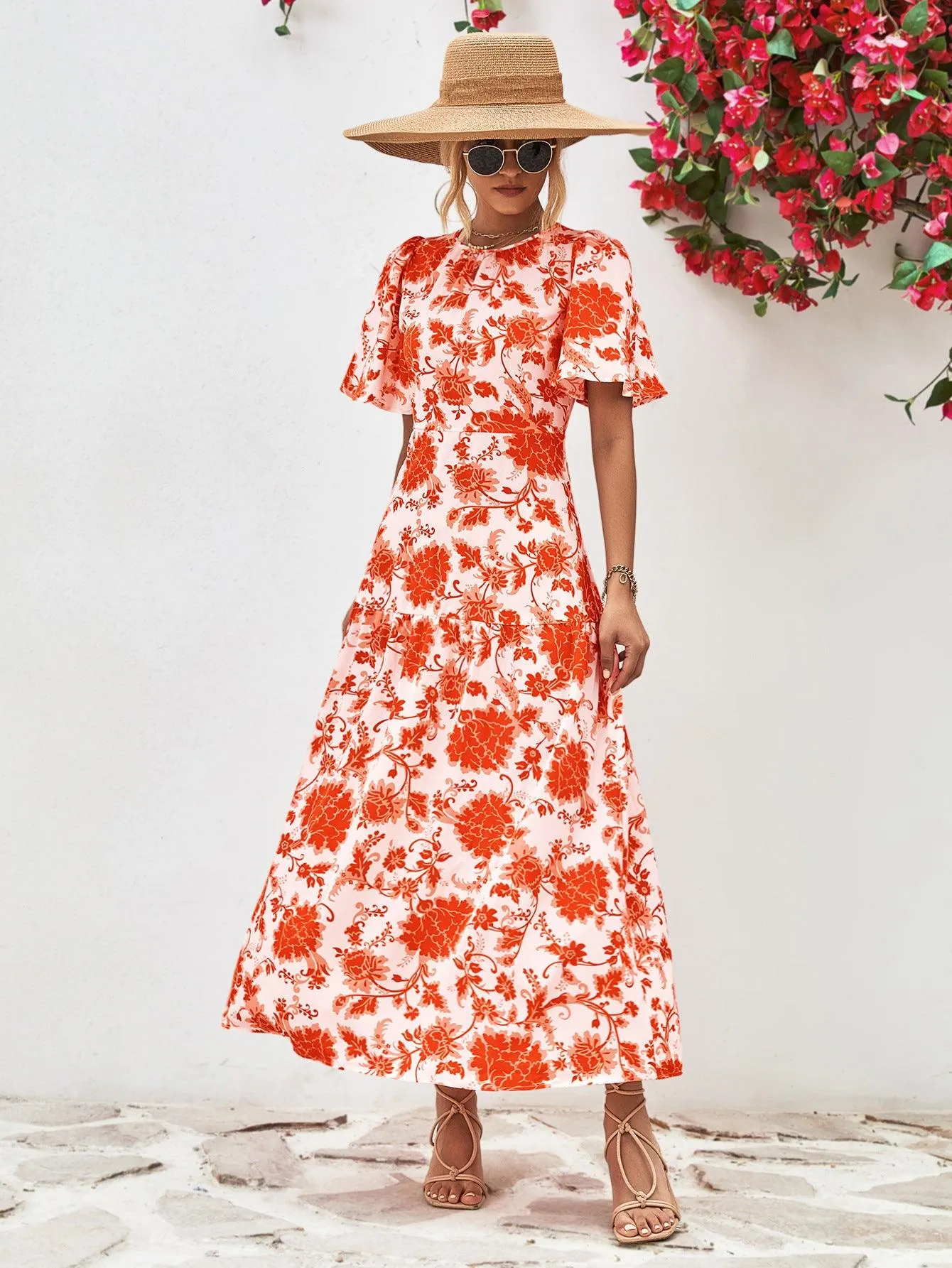 Hazel Blues® |  Floral Round Neck Tied Open Back Dress
