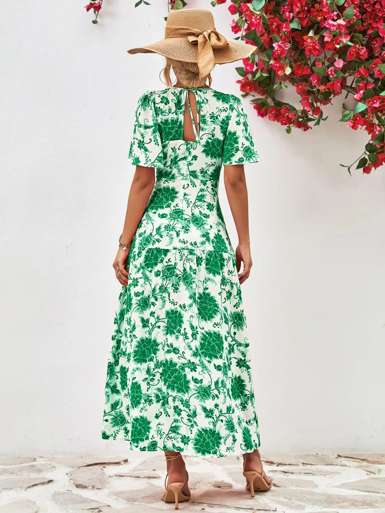 Hazel Blues® |  Floral Round Neck Tied Open Back Dress