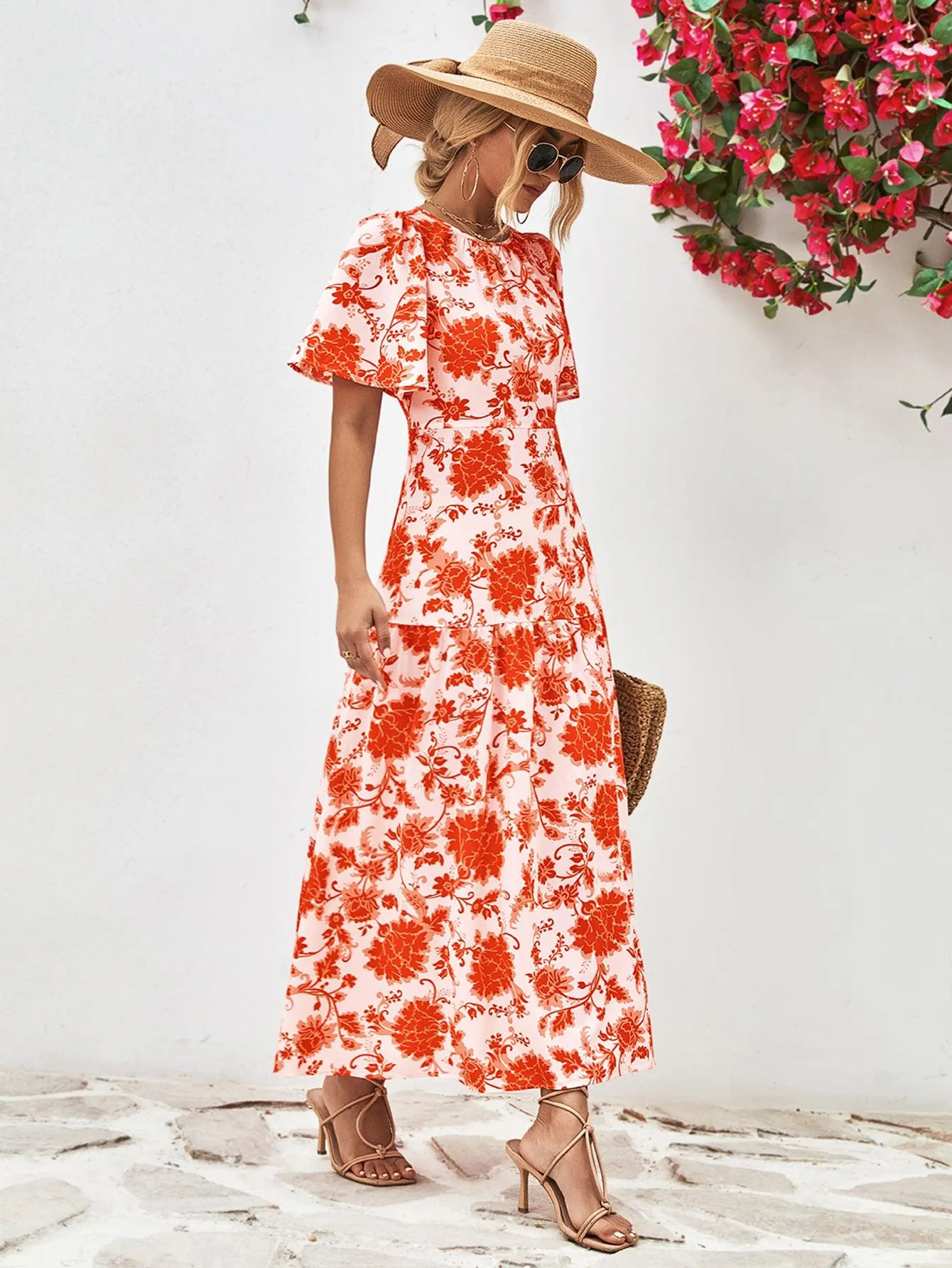 Hazel Blues® |  Floral Round Neck Tied Open Back Dress