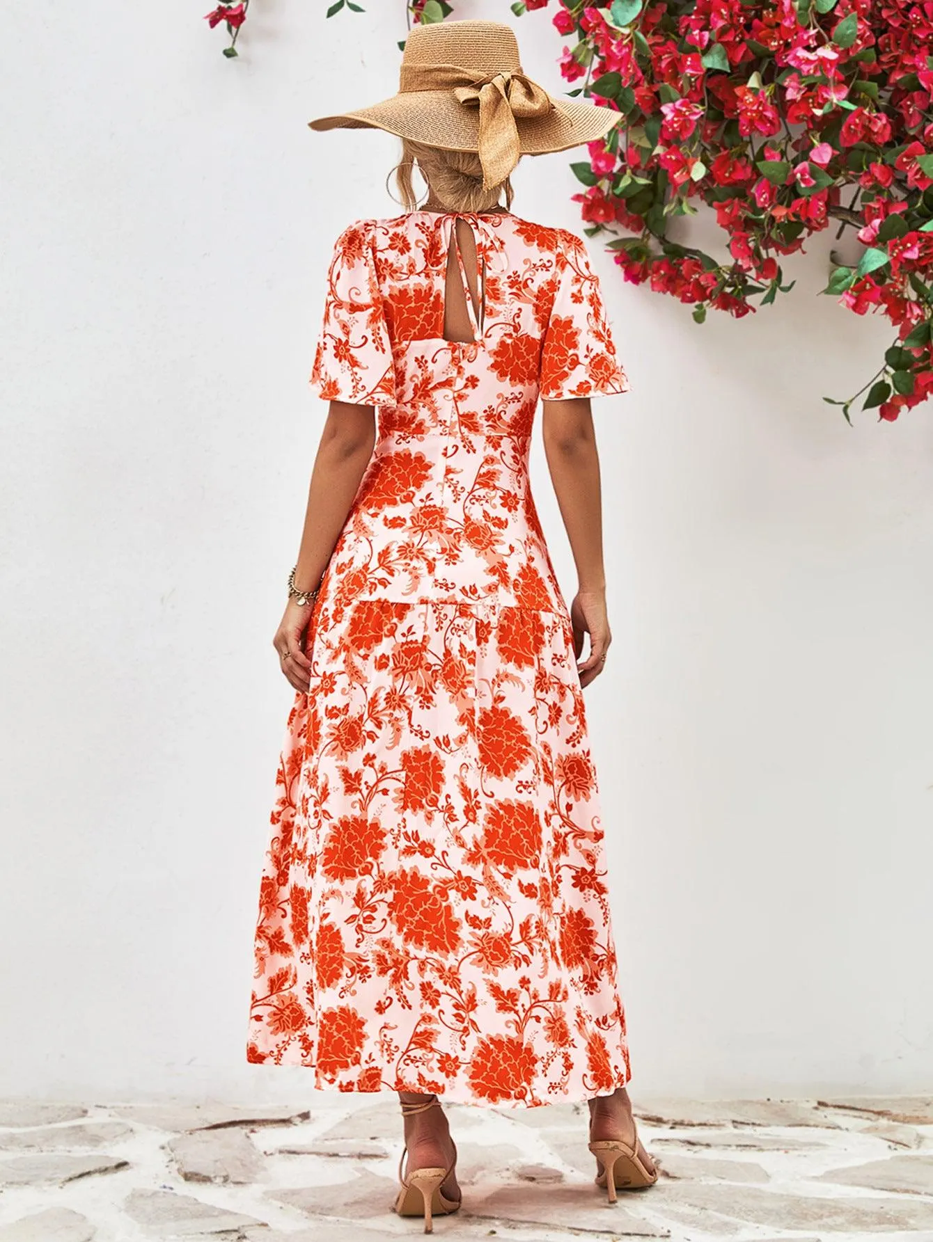 Hazel Blues® |  Floral Round Neck Tied Open Back Dress