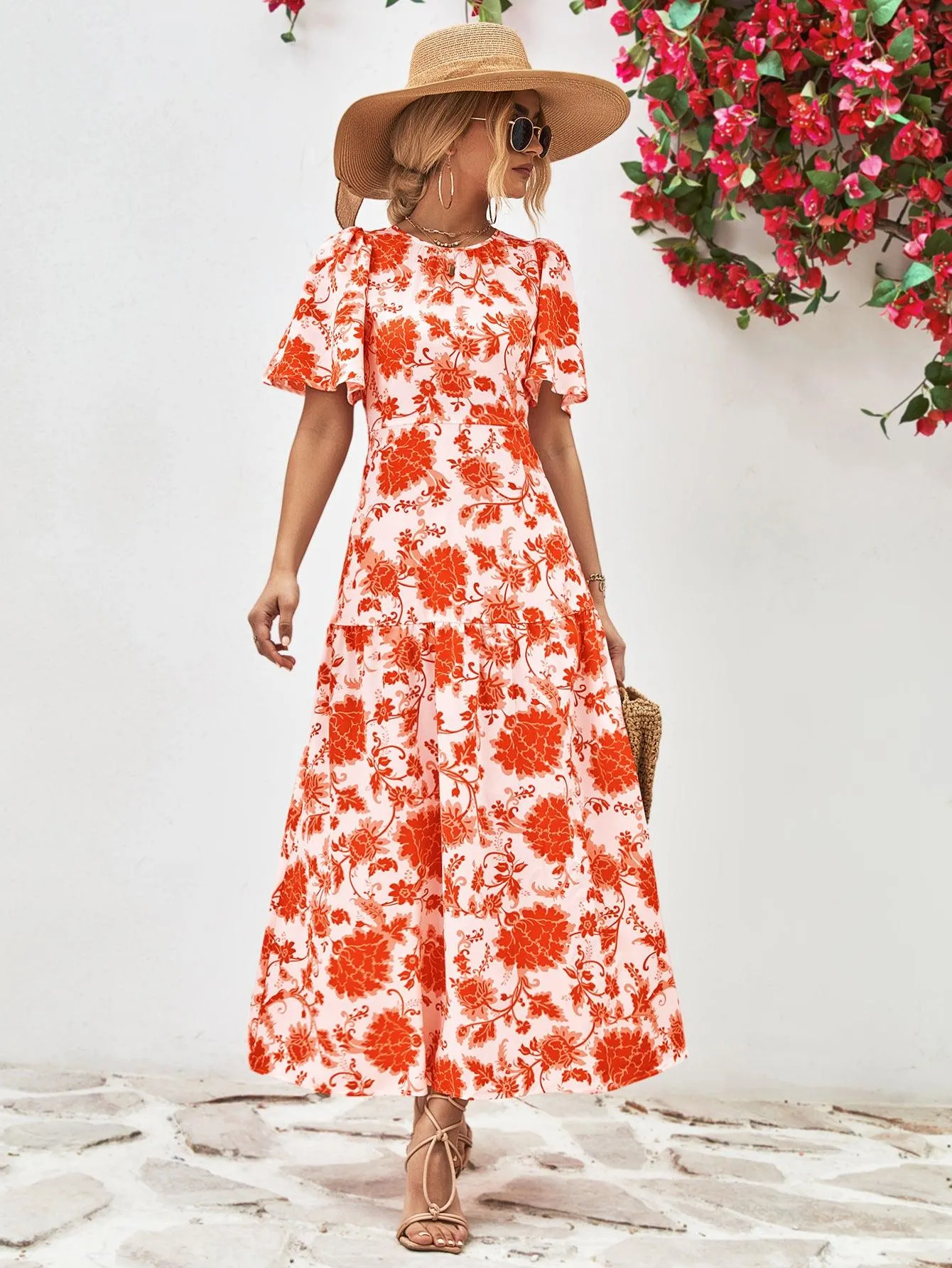 Hazel Blues® |  Floral Round Neck Tied Open Back Dress
