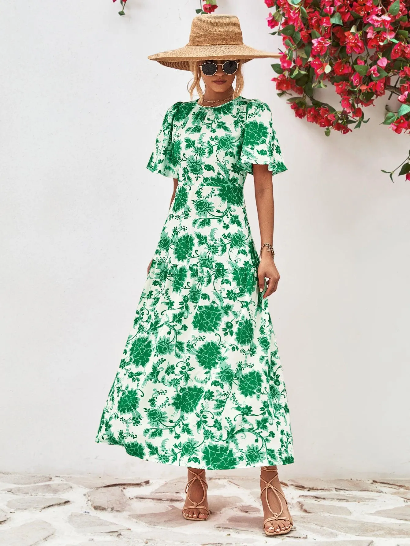 Hazel Blues® |  Floral Round Neck Tied Open Back Dress