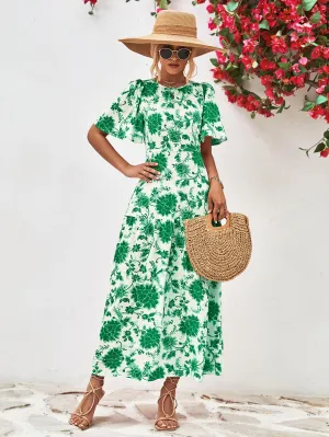 Hazel Blues® |  Floral Round Neck Tied Open Back Dress