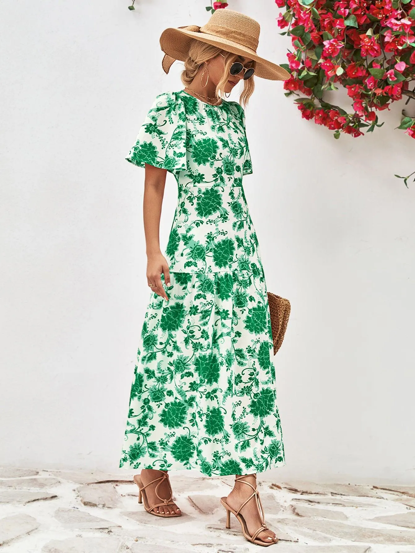 Hazel Blues® |  Floral Round Neck Tied Open Back Dress