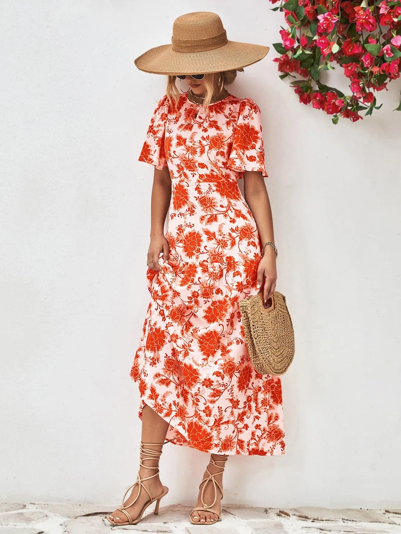 Hazel Blues® |  Floral Round Neck Tied Open Back Dress
