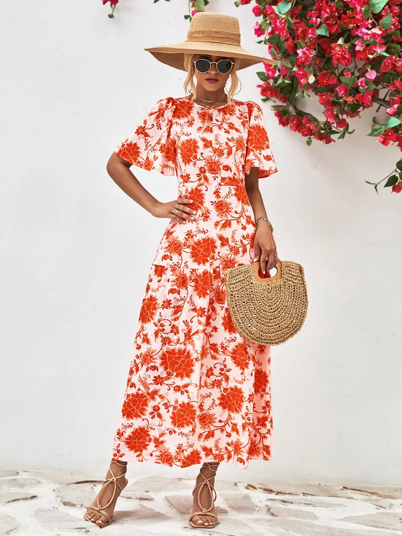 Hazel Blues® |  Floral Round Neck Tied Open Back Dress