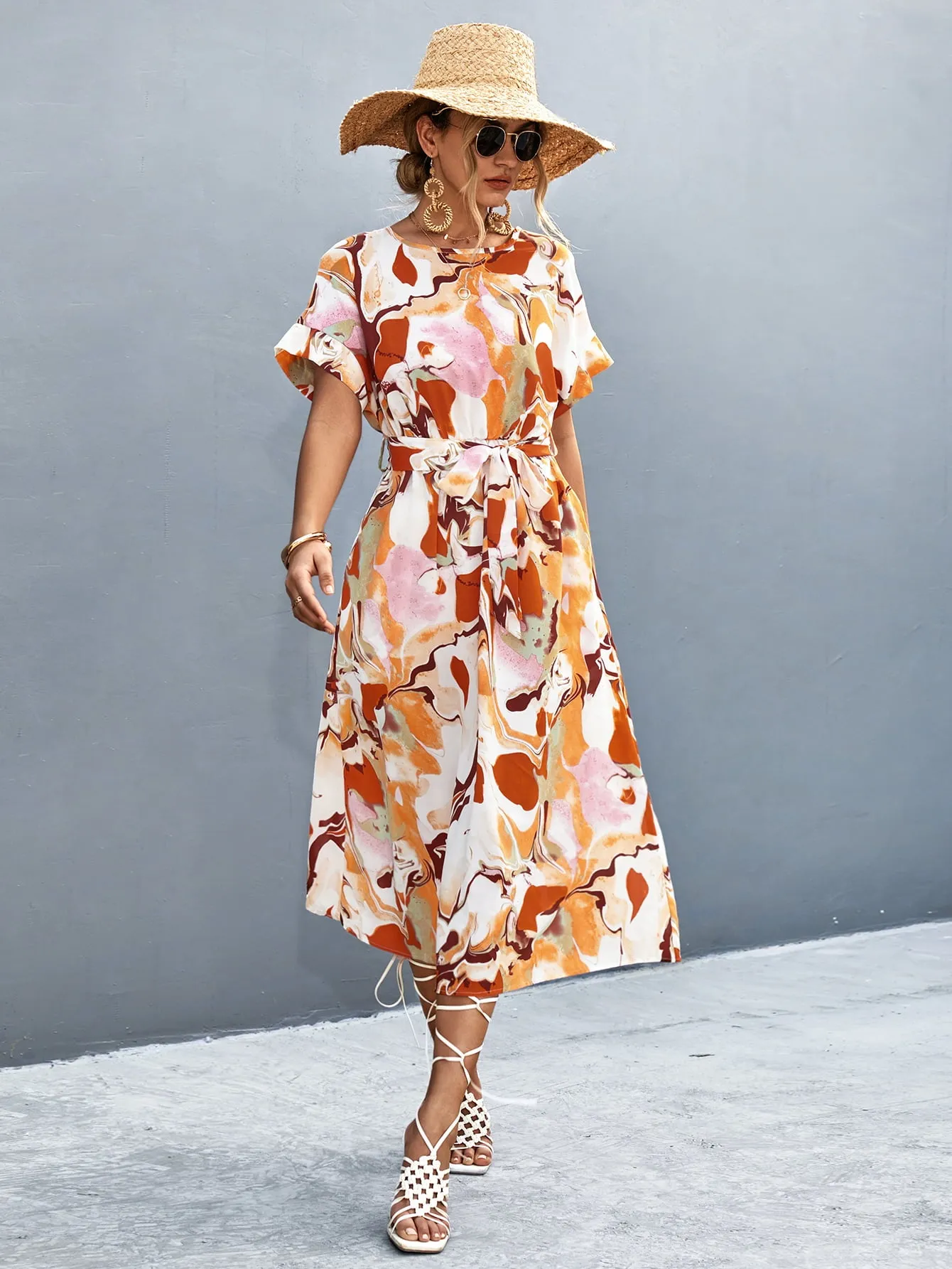 Hazel Blues® |  Round Neck Short Sleeve Tie Waist Midi Dress