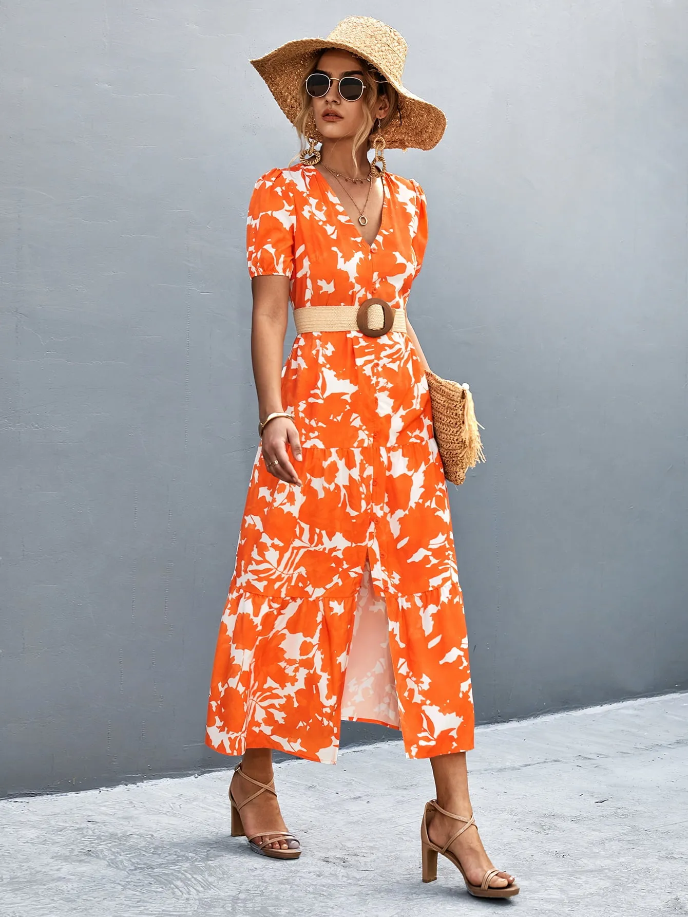 Hazel Blues® |  V-Neck Short Sleeve High Slit Midi Dress