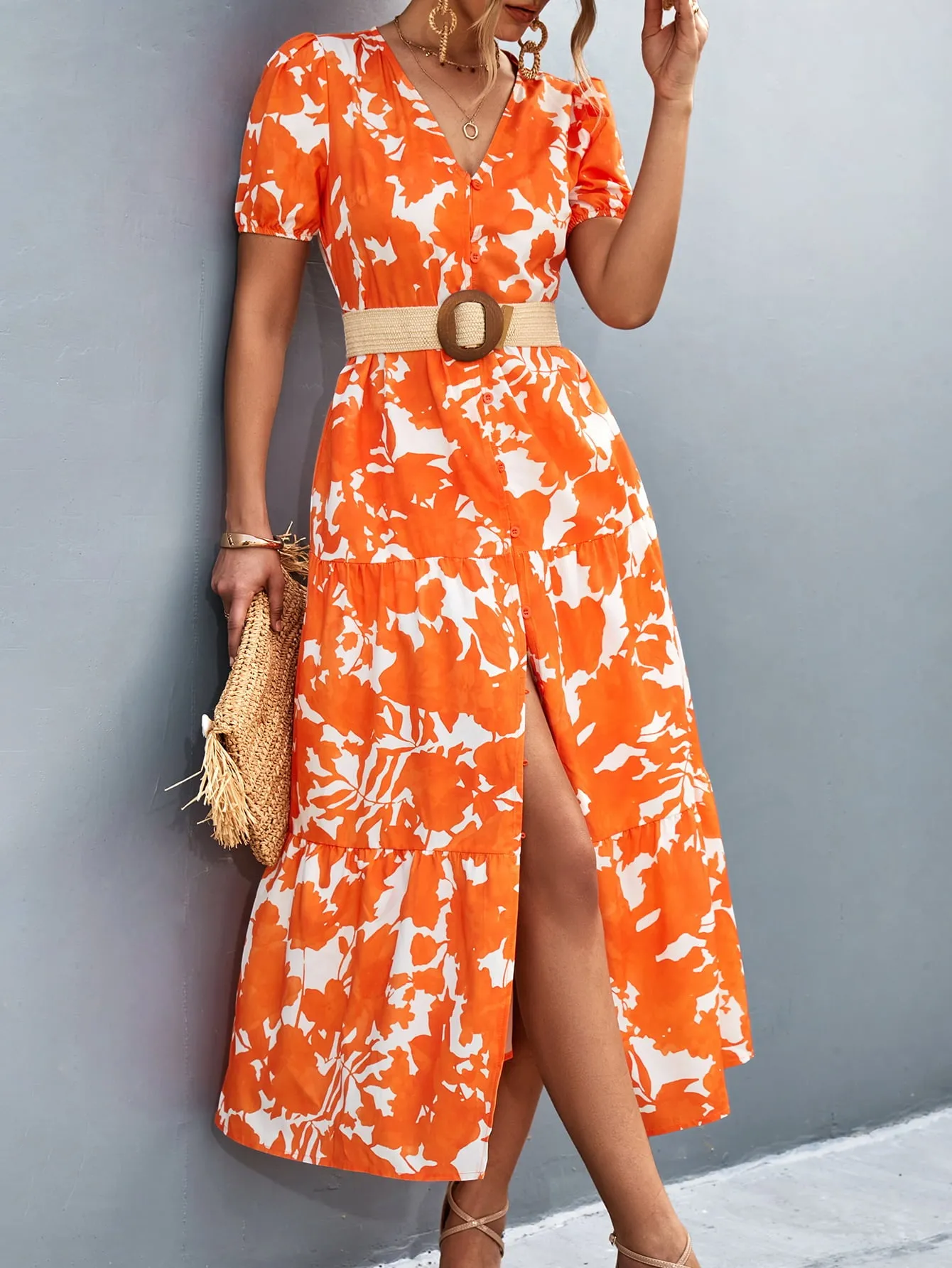 Hazel Blues® |  V-Neck Short Sleeve High Slit Midi Dress