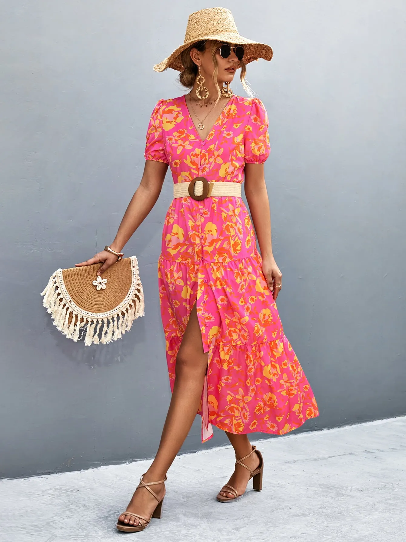 Hazel Blues® |  V-Neck Short Sleeve High Slit Midi Dress