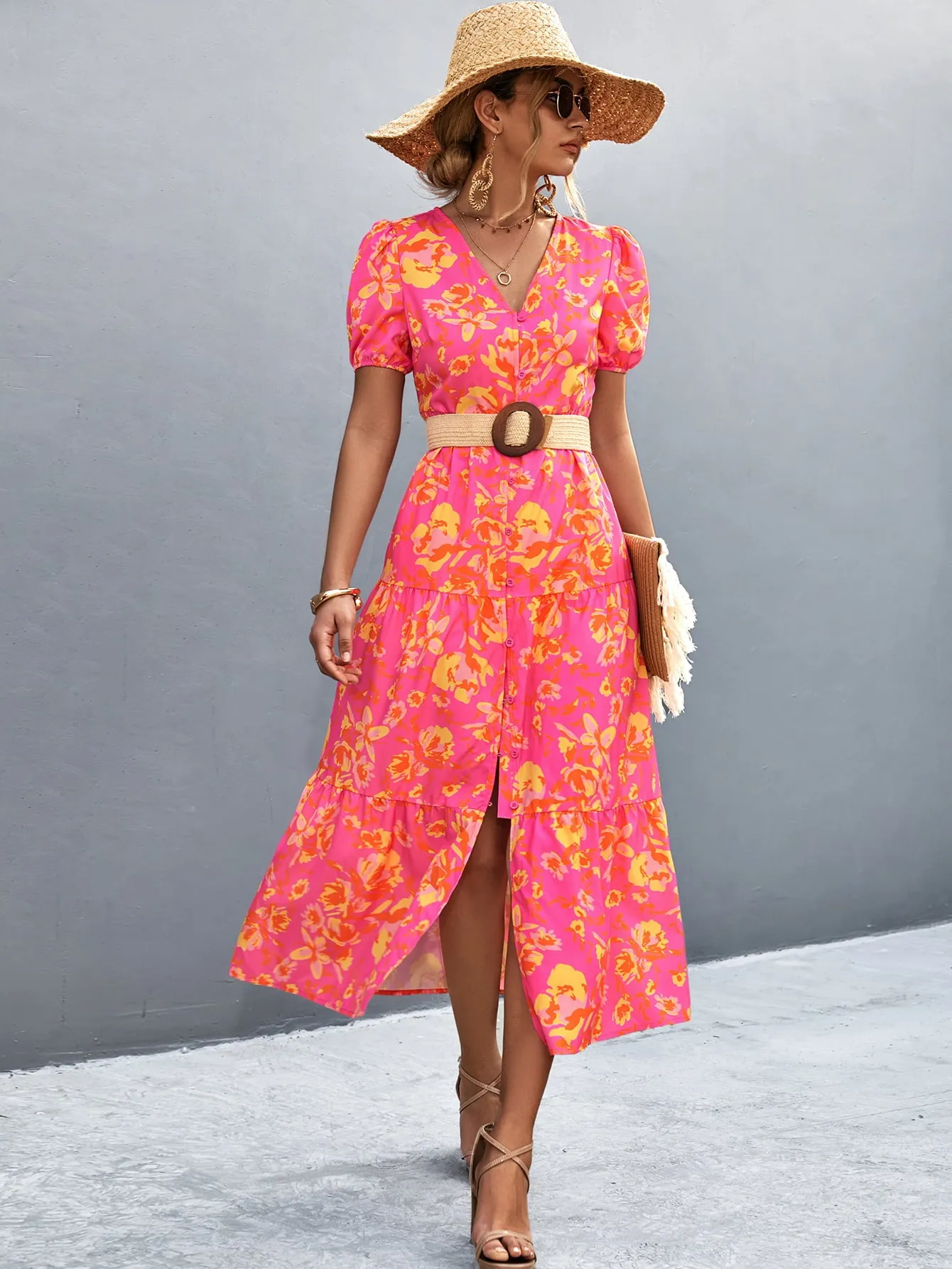 Hazel Blues® |  V-Neck Short Sleeve High Slit Midi Dress