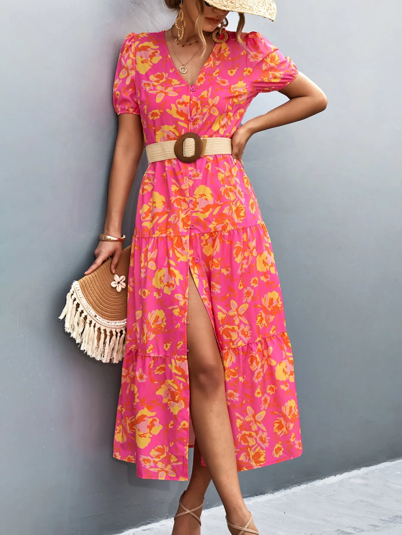 Hazel Blues® |  V-Neck Short Sleeve High Slit Midi Dress