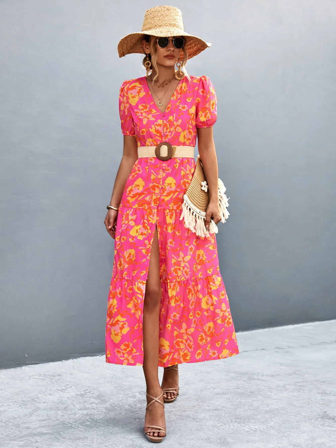 Hazel Blues® |  V-Neck Short Sleeve High Slit Midi Dress