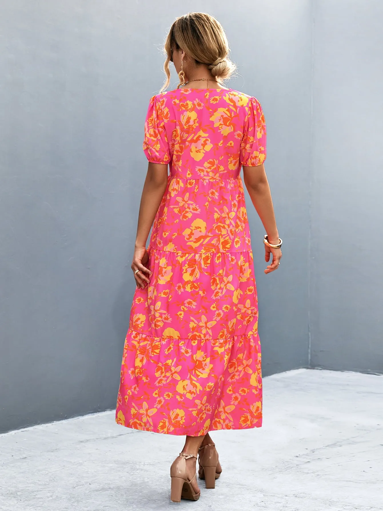 Hazel Blues® |  V-Neck Short Sleeve High Slit Midi Dress