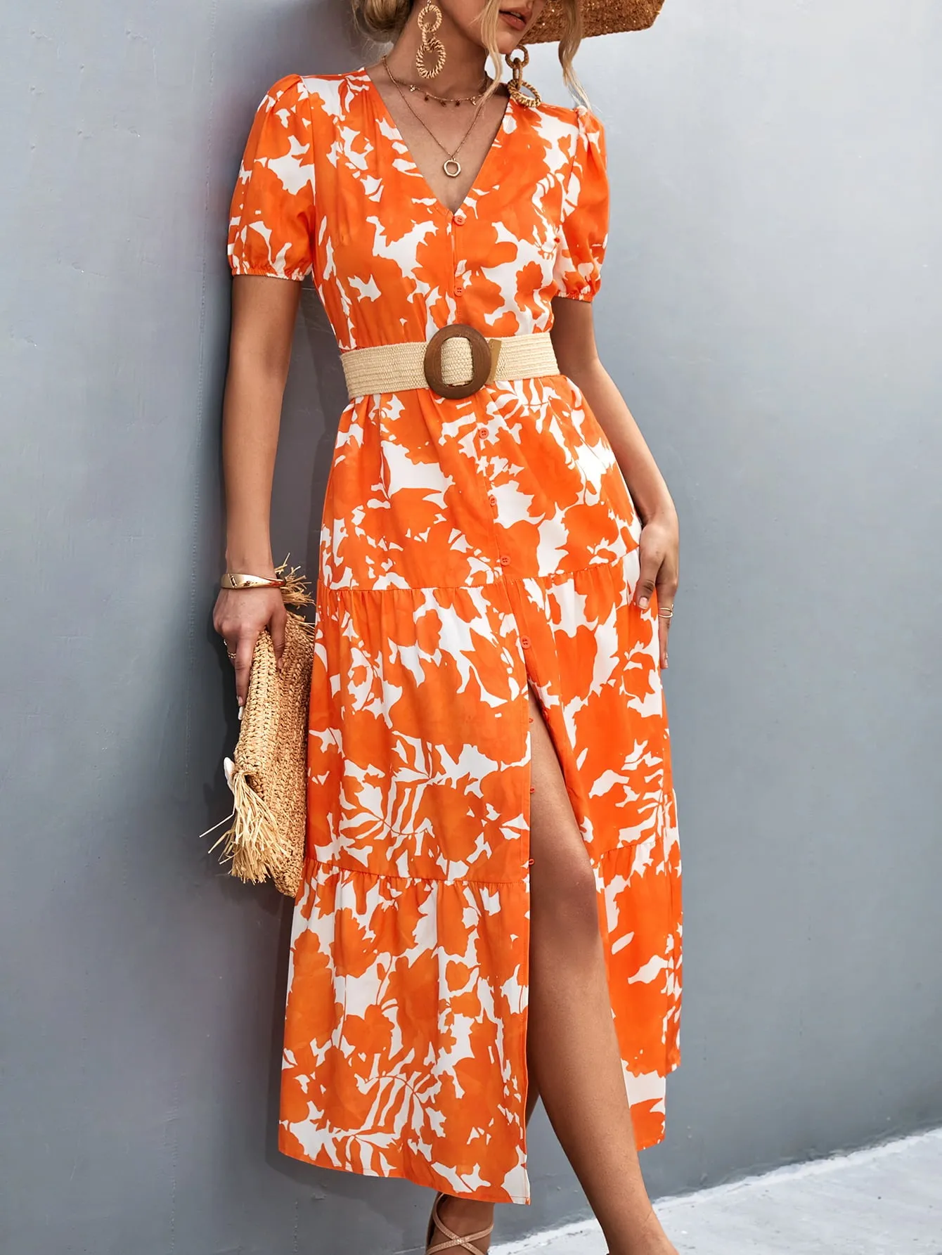 Hazel Blues® |  V-Neck Short Sleeve High Slit Midi Dress
