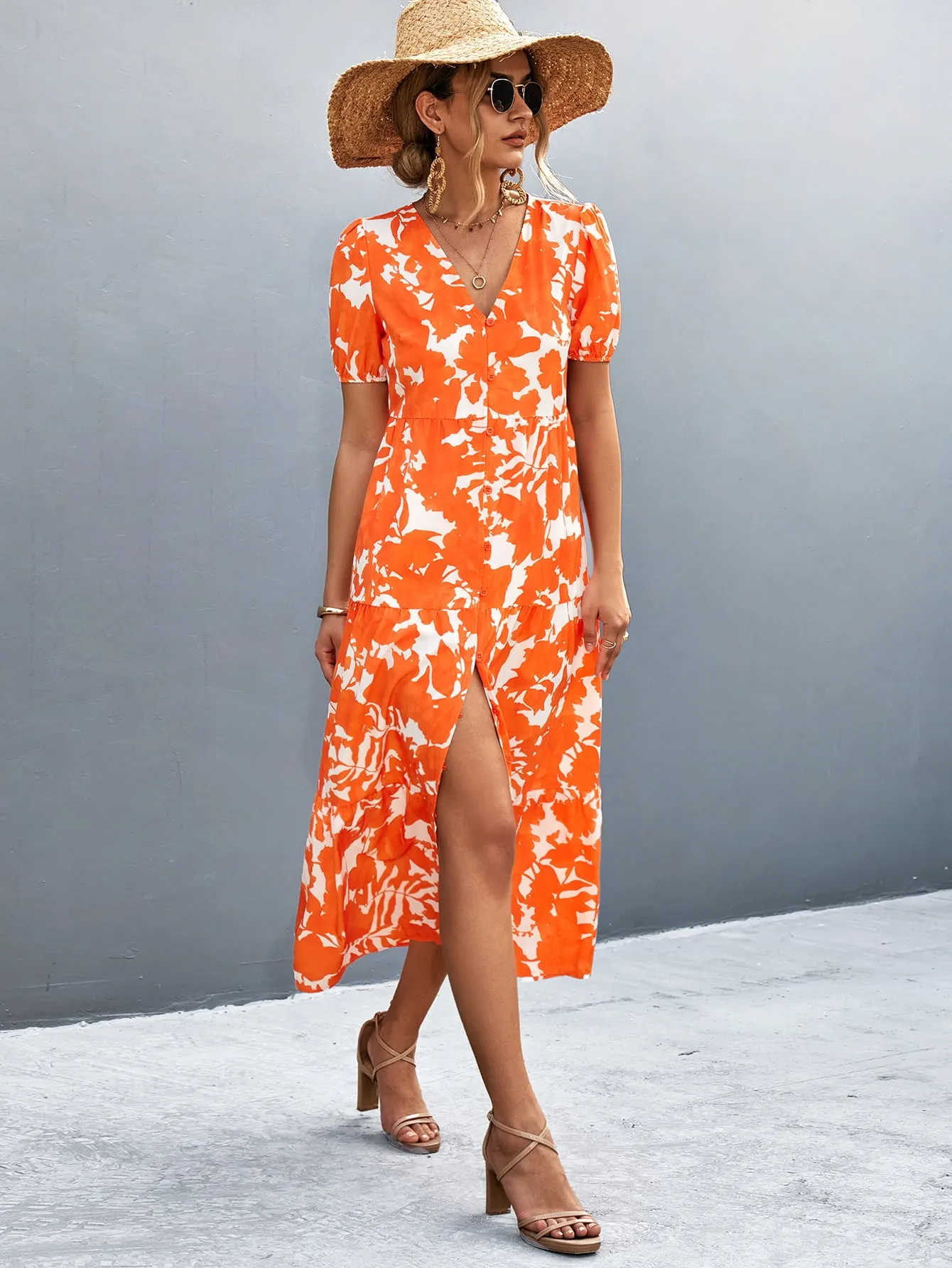 Hazel Blues® |  V-Neck Short Sleeve High Slit Midi Dress