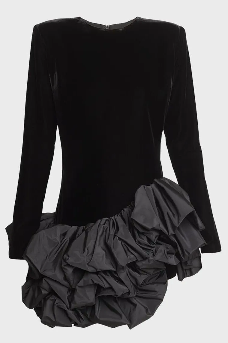 Hazel | Ruffle Asymmetric Hem Mini Velvet Dress