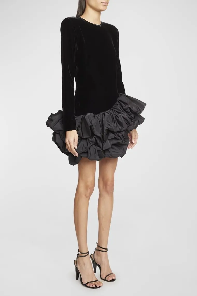 Hazel | Ruffle Asymmetric Hem Mini Velvet Dress