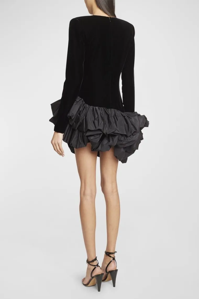 Hazel | Ruffle Asymmetric Hem Mini Velvet Dress