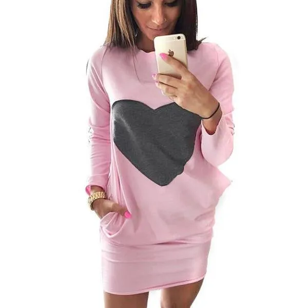 Heart Dresses for Women mini sweatshirt dress female jacket Long Sleeve Double Pocket Women Clothes Bodycon Dress ropa mujer