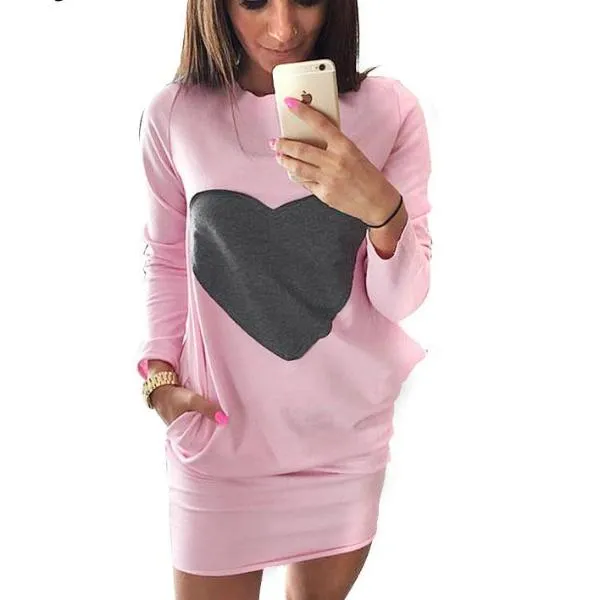 Heart Dresses for Women mini sweatshirt dress female jacket Long Sleeve Double Pocket Women Clothes Bodycon Dress ropa mujer