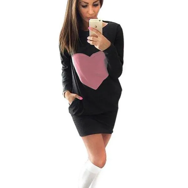 Heart Dresses for Women mini sweatshirt dress female jacket Long Sleeve Double Pocket Women Clothes Bodycon Dress ropa mujer