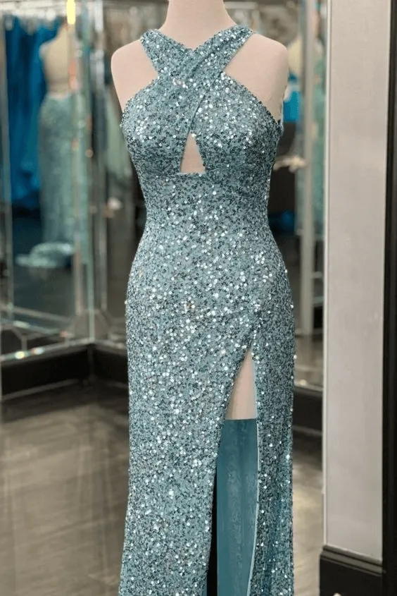 Hot 2024 Black Sequin Prom Dress Fitted Sleeveless Formal Dress with Slit