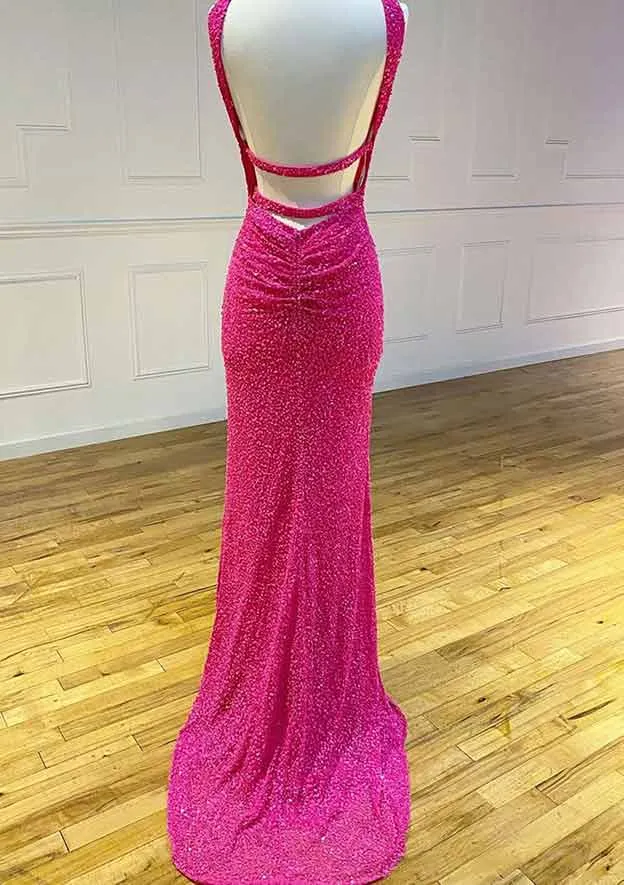 Hot 2024 Black Sequin Prom Dress Fitted Sleeveless Formal Dress with Slit
