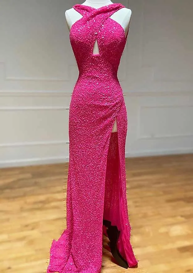 Hot 2024 Black Sequin Prom Dress Fitted Sleeveless Formal Dress with Slit