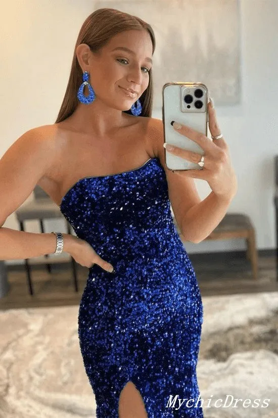Hot Mermaid Royal Blue Prom Dresses 2024 Strapless Sequins Long Formal Gowns