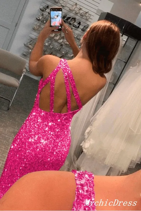 Hot One Shoulder Sequin Evening Dresses Long Mermaid Pink Prom Dress UK