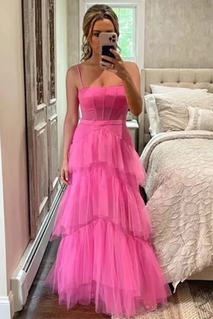 Hot Pink A-line Tiered Tulle Princess Prom Dresses, Long Formal Dresses, MP780