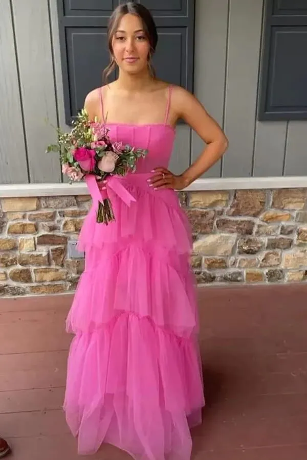 Hot Pink A-line Tiered Tulle Princess Prom Dresses, Long Formal Dresses, MP780