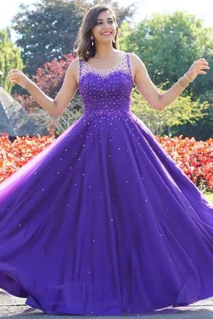 Hot Purple Pearls Tulle Prom Dresses Cheap Long A Line Evening Gowns