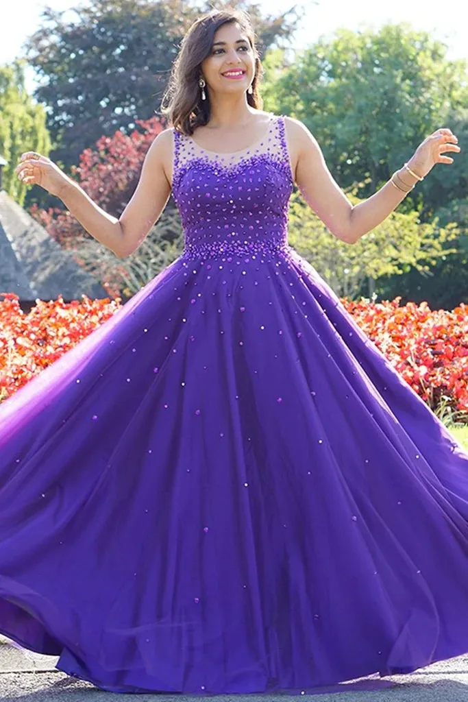 Hot Purple Pearls Tulle Prom Dresses Cheap Long A Line Evening Gowns