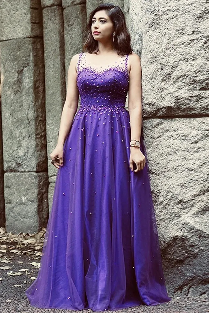 Hot Purple Pearls Tulle Prom Dresses Cheap Long A Line Evening Gowns