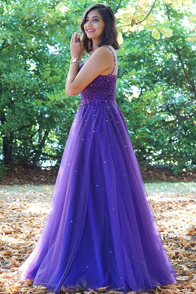 Hot Purple Pearls Tulle Prom Dresses Cheap Long A Line Evening Gowns