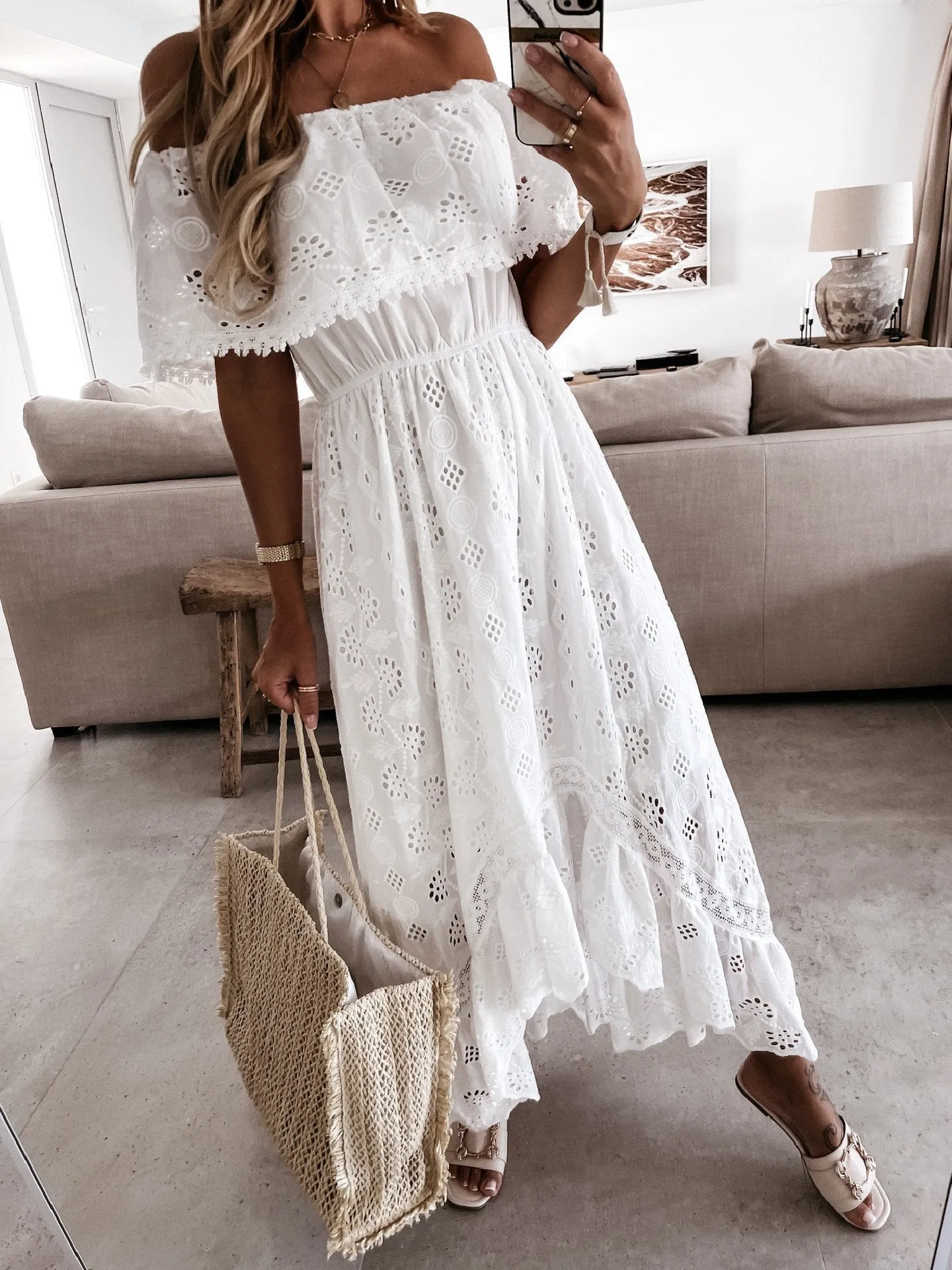 INGRID Boho Off The Shoulder Lace Dress