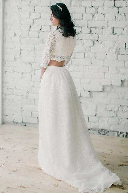 Jewel-Neck Lace 3-4-Sleeve Two-Piece A-Line Wedding Dress-714931