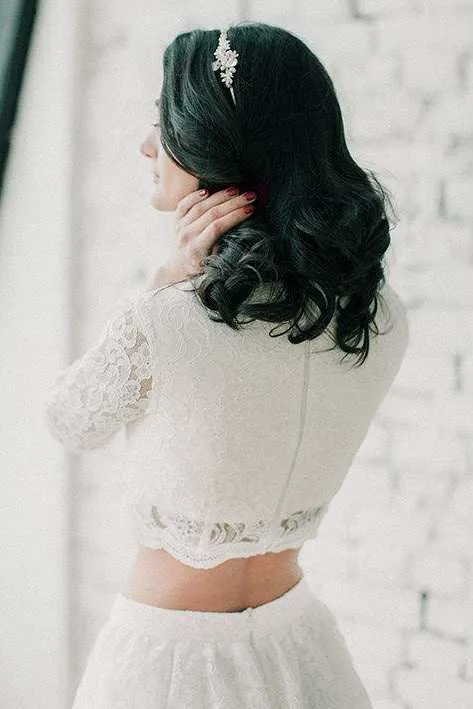 Jewel-Neck Lace 3-4-Sleeve Two-Piece A-Line Wedding Dress-714931