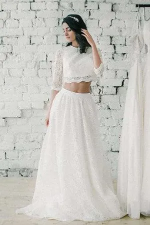Jewel-Neck Lace 3-4-Sleeve Two-Piece A-Line Wedding Dress-714931